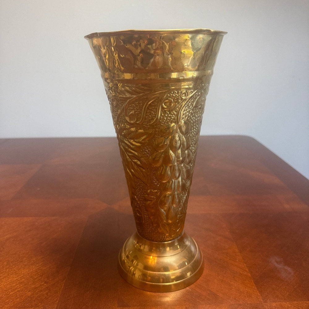 vtg Brass Trumpet Vase Embossed Floral Grape Pattern Made in India